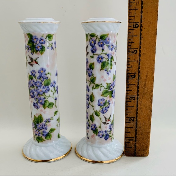Crystal Cathedral Ministries Hummingbird And Purple Flower Candlestick Holders 2 - Picture 2 of 8